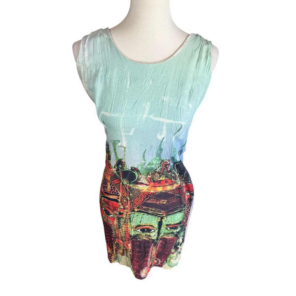 Jams World Dress Vintage Womens Medium Green Sleeveless Abstract Masks Hawaiian